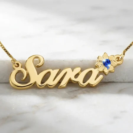 שרשרת שם עם פרח משובץ אבן לידה