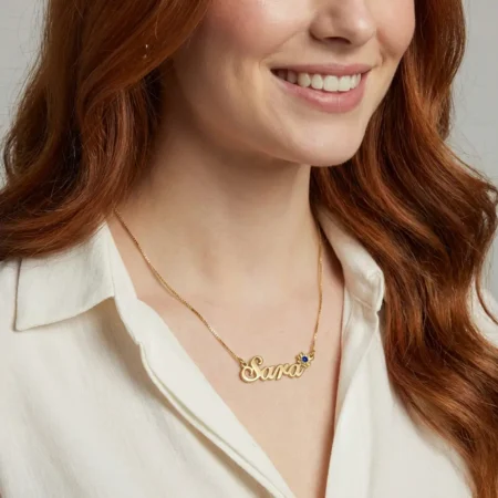 שרשרת שם עם פרח משובץ אבן לידה