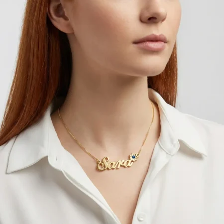 שרשרת שם עם פרח משובץ אבן לידה