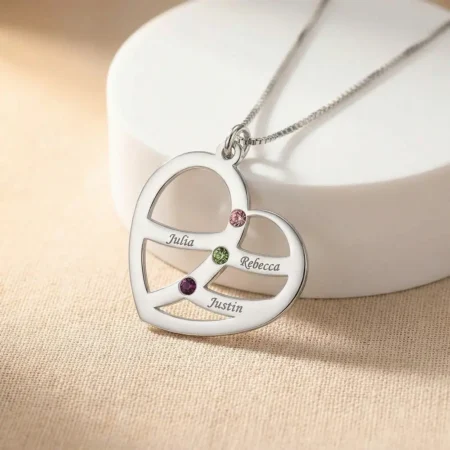 שרשרת לב עם חריטת שמות הילדים ואבן לפי חודש לידה • כסף 925