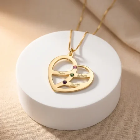 שרשרת לב עם חריטת שמות הילדים ואבן לפי חודש לידה • ציפוי זהב 24K