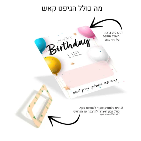 גיפט קאש Happy Birthday לבן עם בלונים | כרטיס ברכה עם כסף