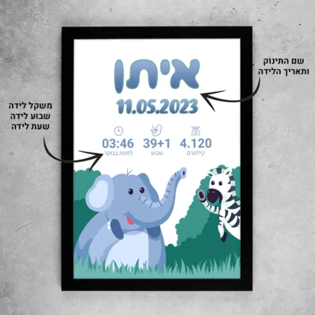 תעודת לידה לתינוק במסגרת - פיל וזברה