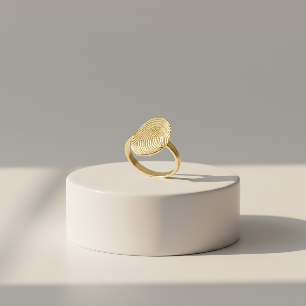 טבעת אובלית טביעת אצבע זהב 14K – תמונה 2