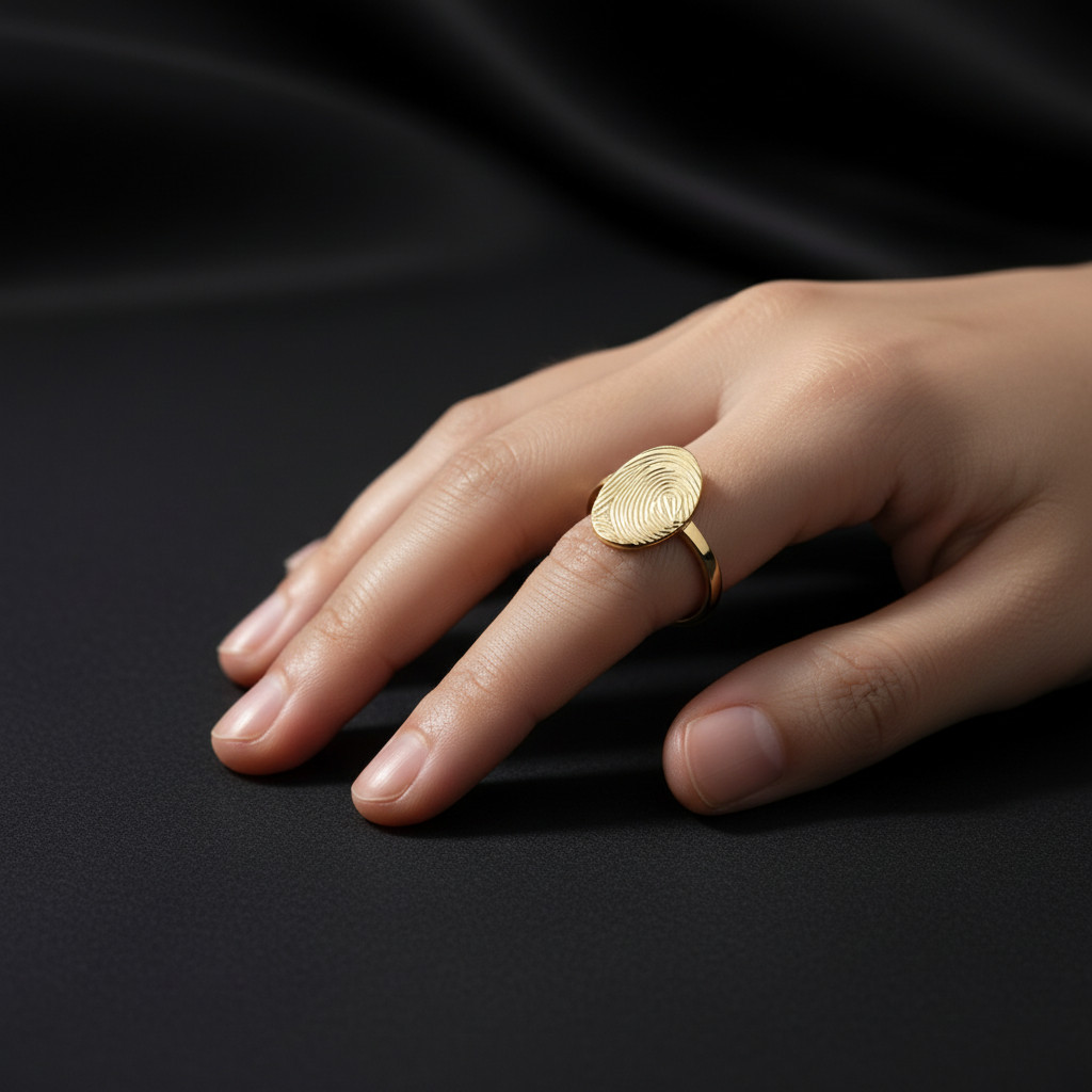 טבעת אובלית טביעת אצבע זהב 14K – תמונה 3