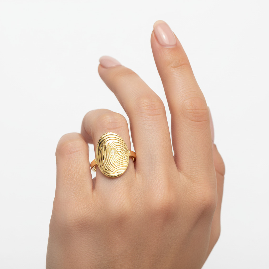 טבעת אובלית טביעת אצבע זהב 14K – תמונה 4