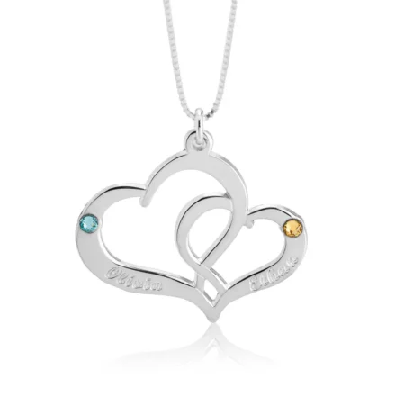 שרשרת לבבות מחוברים עם שמות ואבני לידה