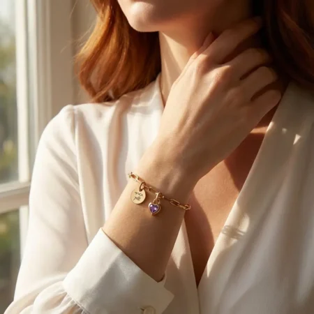 צמיד תליון עגול עם חריטה ולב משובץ אבן לידה